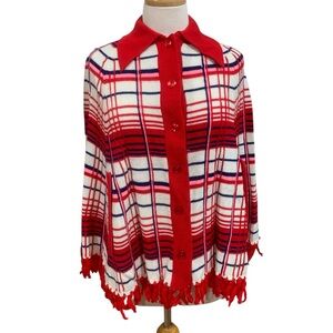 Vintage 70’s knit button up cape in multicolor plaid with fringe detail size S/M
